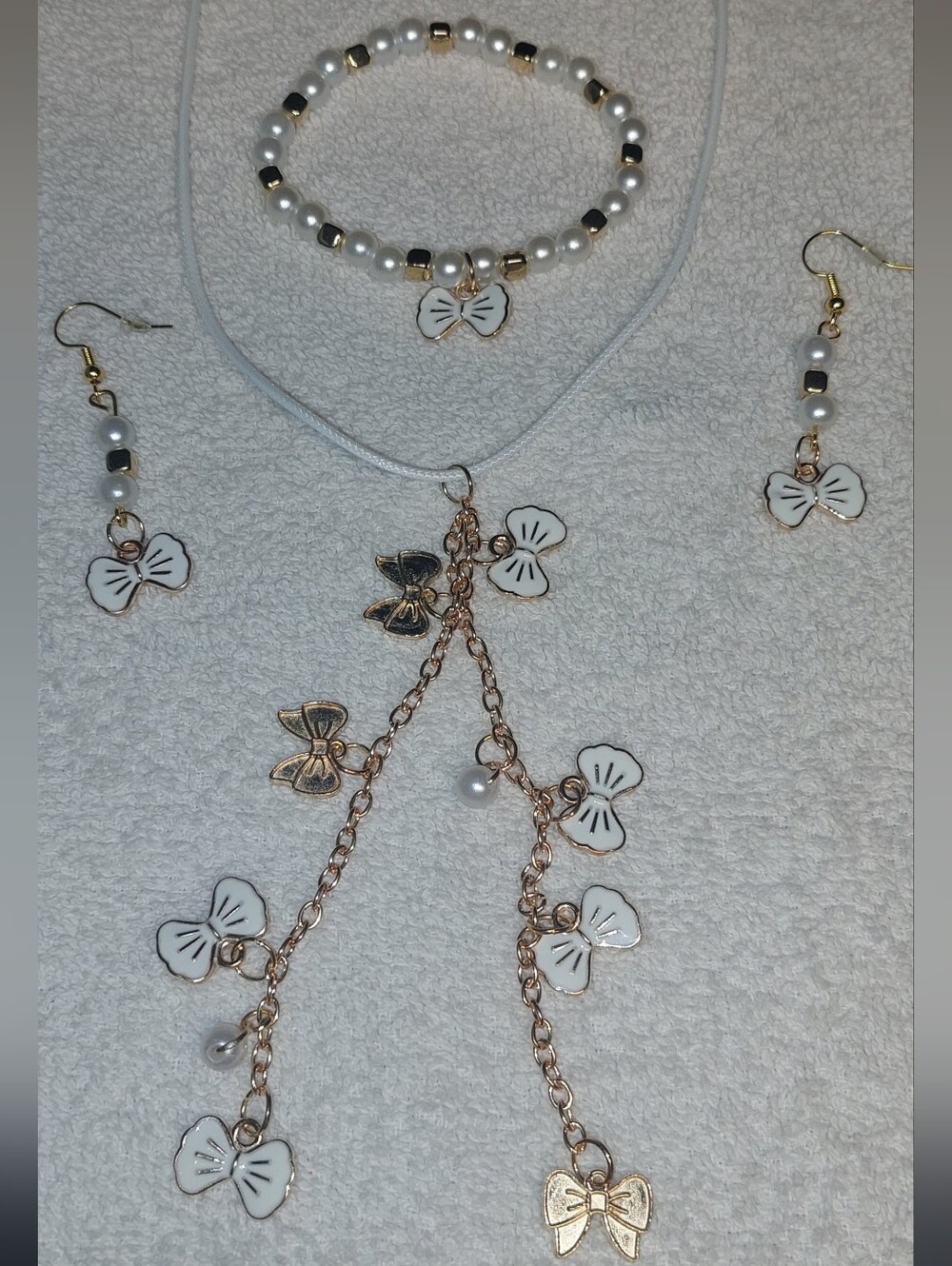 Handmade Rose Goldtone White bows And faux Pearls With Leather Cord Necklace